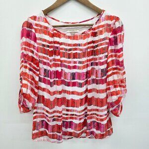 Roz & Ali Chiffon Blouse Womens Size S Red White Roll Tab Feminine Fairycore